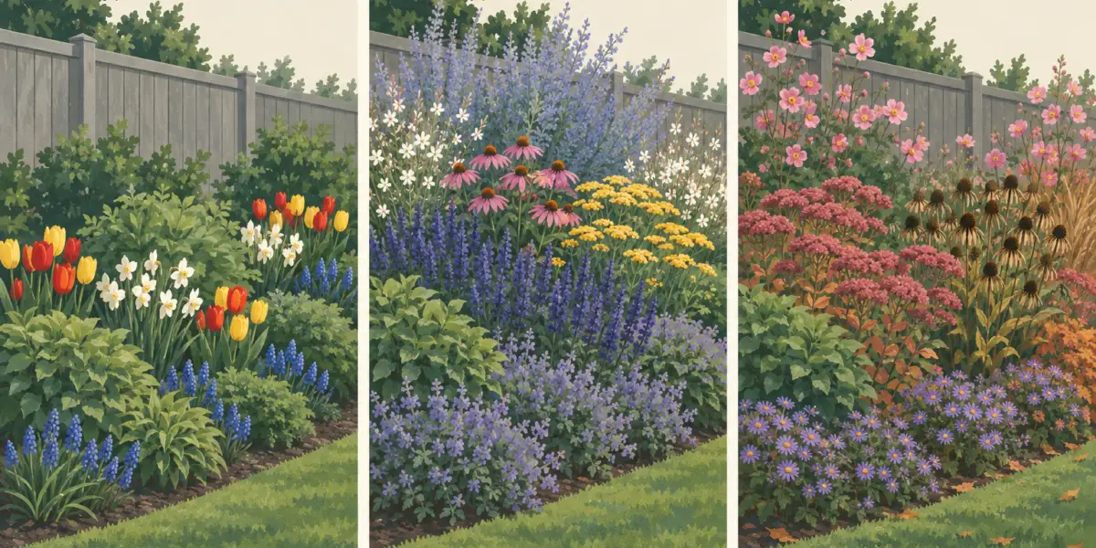 Dasselbe Staudenbeet im April mit Zwiebelblumen, im Juli mit Katzenminze, Salbei, Sonnenhut und Schafgarbe, im September mit Herbst-Anemone, Fetthenne und Astern