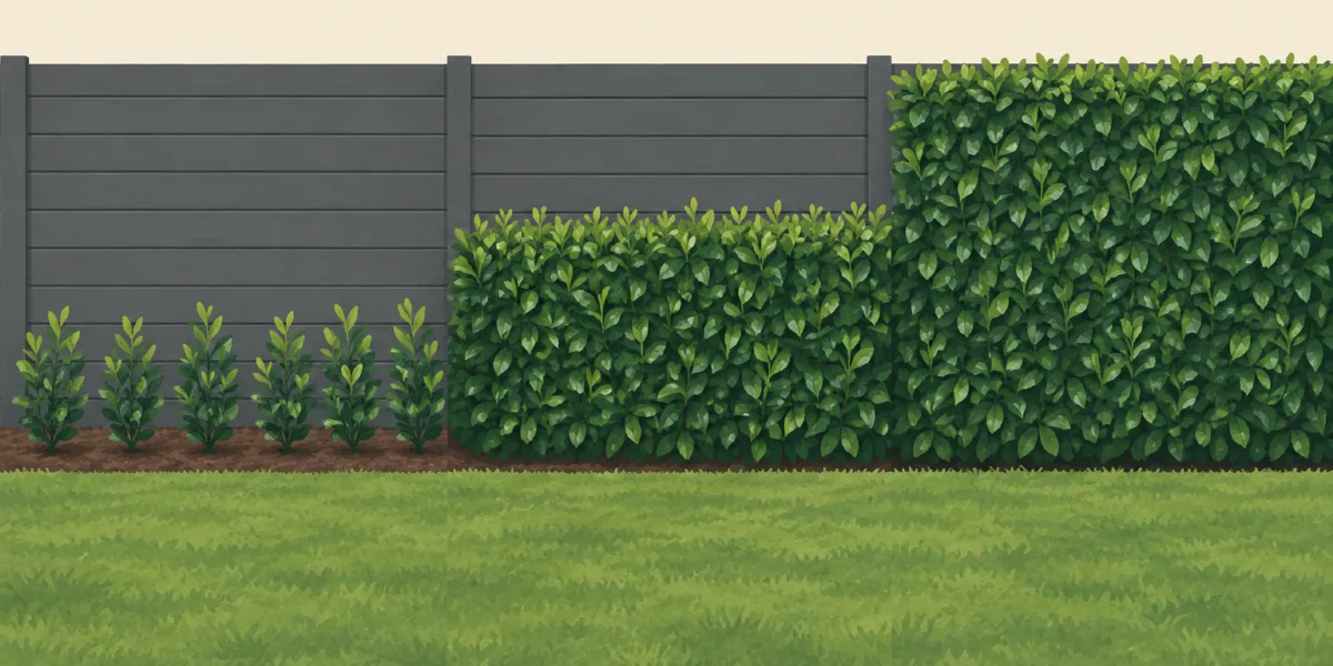 The same cherry laurel hedge in front of a fence: at planting, after two summers and closed