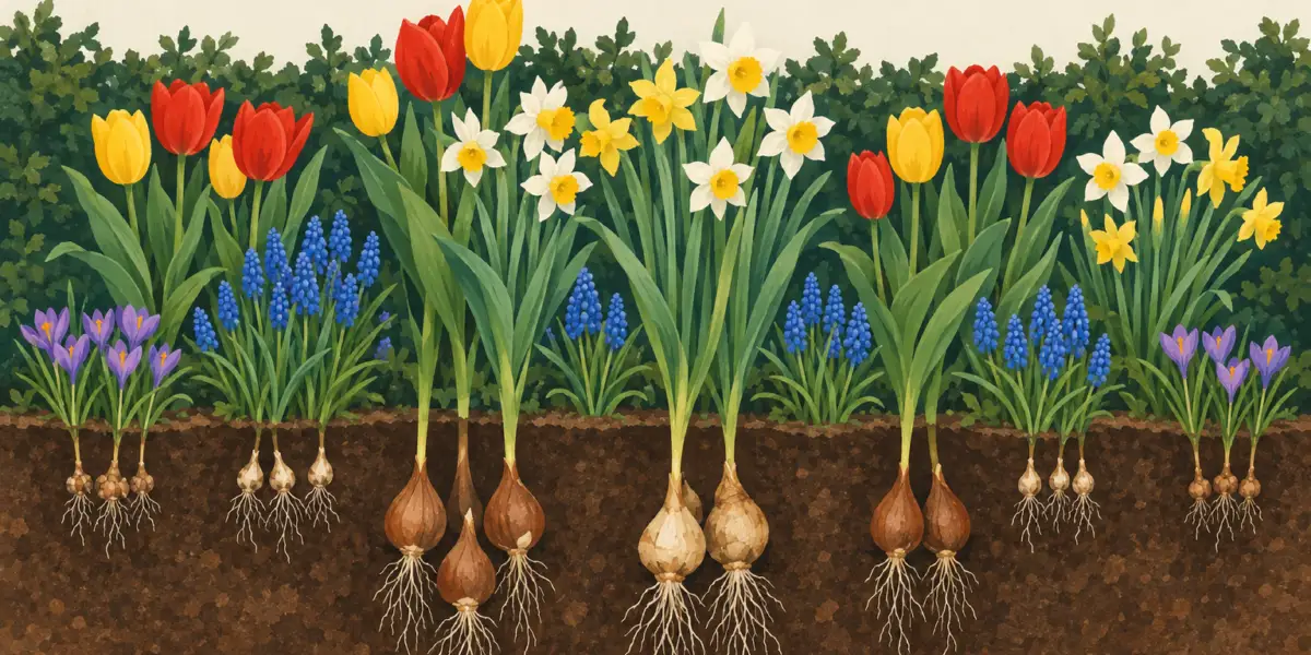 A spring bed with tulips, daffodils, crocuses and grape hyacinths, and below it a cut through the soil with their bulbs, the small ones shallower, the large ones deeper