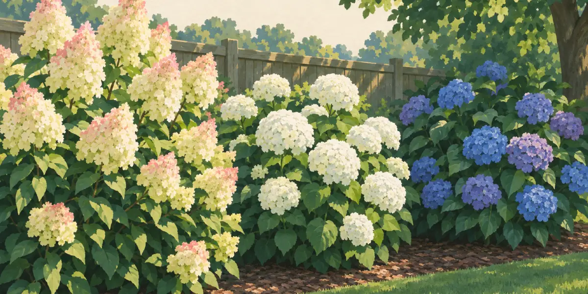Panicle hydrangea in sun, smooth hydrangea with white flower balls and blue bigleaf hydrangea in the part shade of a tree