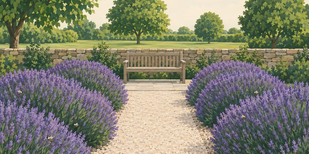 A flowering lavender hedge on both sides of a sunny gravel garden path, with a bench in front of a low stone wall at its end