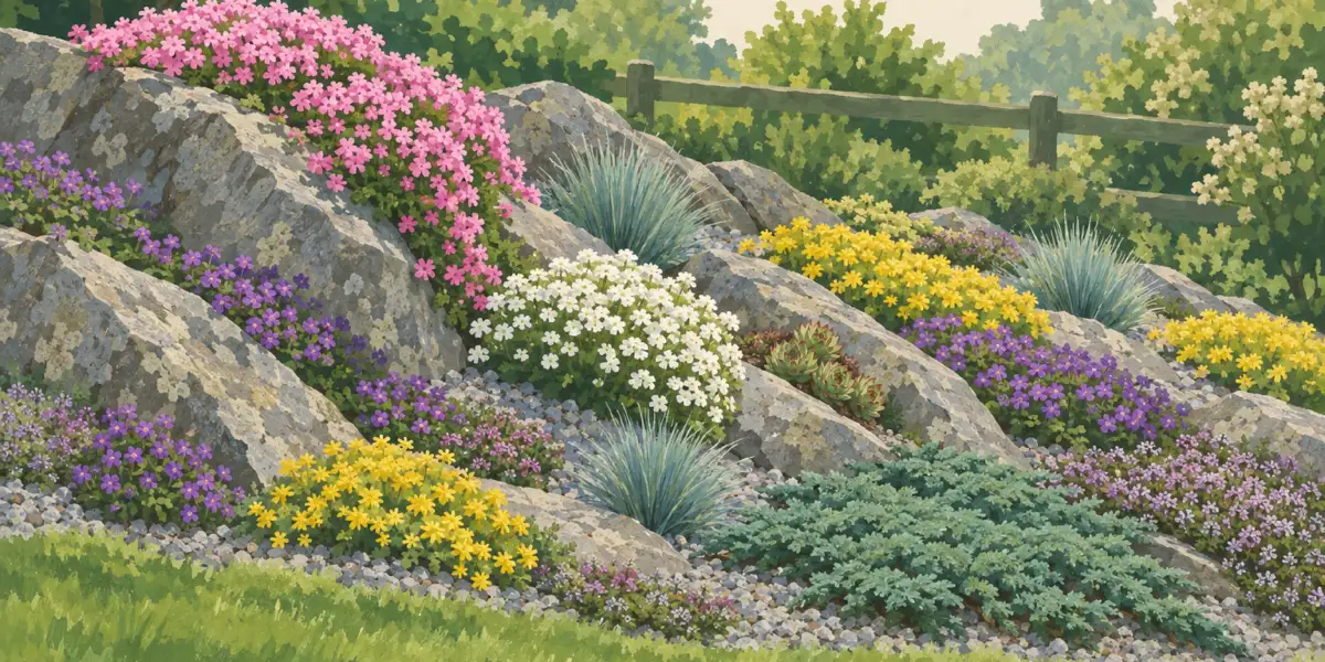 A sunny rock garden on a gentle slope: stones leaning one way, gravel, cushion perennials, stonecrop, blue fescue and creeping juniper